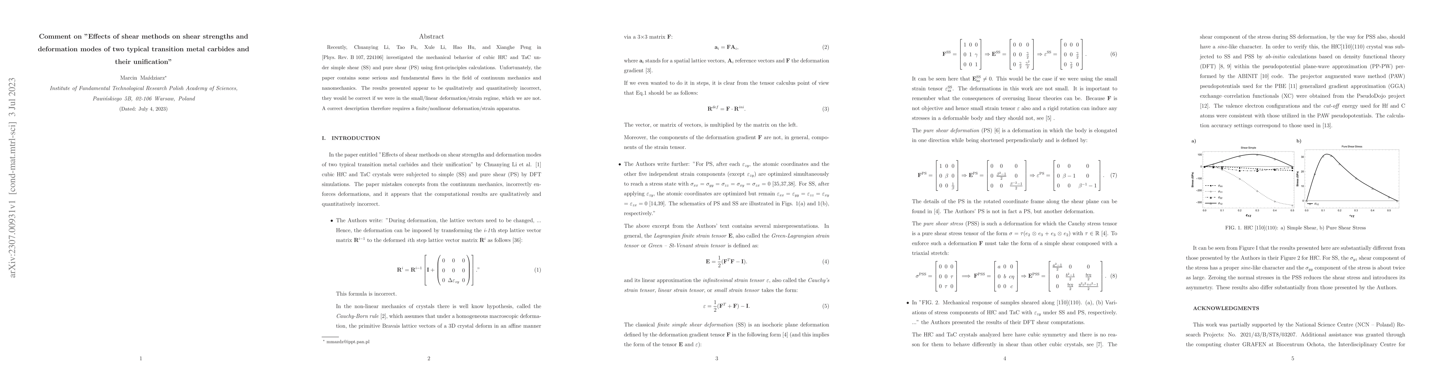 Thumbnail for Comment on "Effects of shear methods on shear strengths and deformation
  modes of two typical transition metal carbides and their unification"