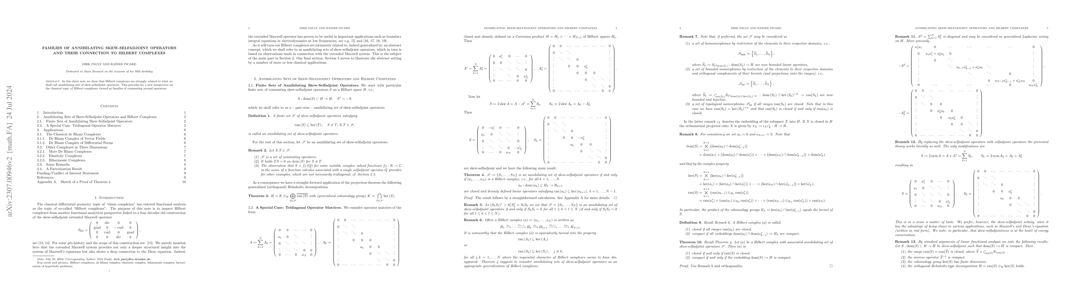 Thumbnail for Families of Annihilating Skew-Selfadjoint Operators and their Connection
  to Hilbert Complexes