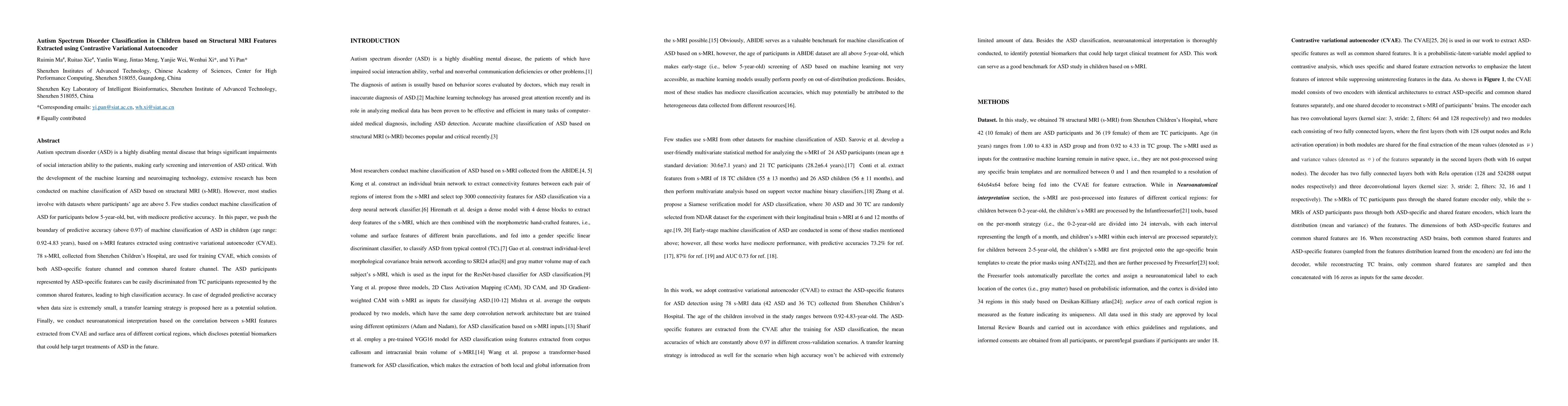 Thumbnail for Autism Spectrum Disorder Classification in Children based on Structural
  MRI Features Extracted using Contrastive Variational Autoencoder