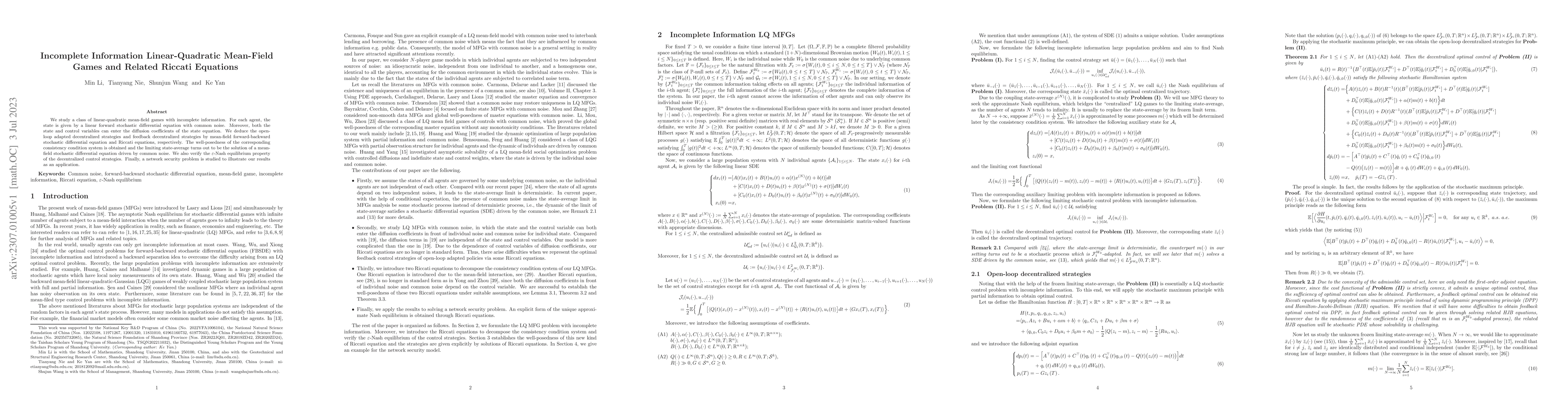 Thumbnail for Incomplete Information Linear-Quadratic Mean-Field Games and Related
  Riccati Equations