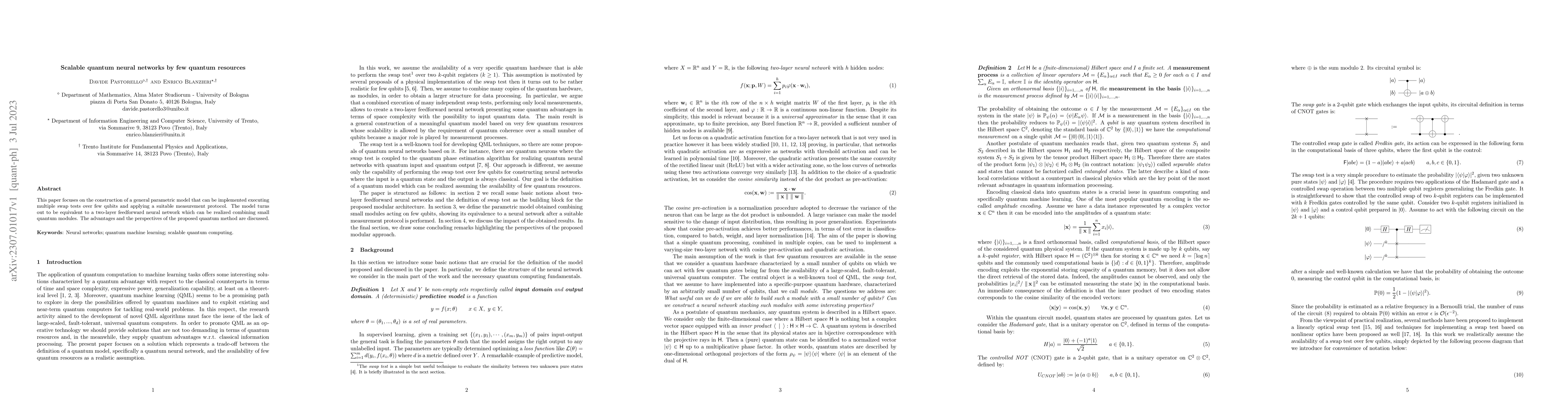 Thumbnail for Scalable quantum neural networks by few quantum resources