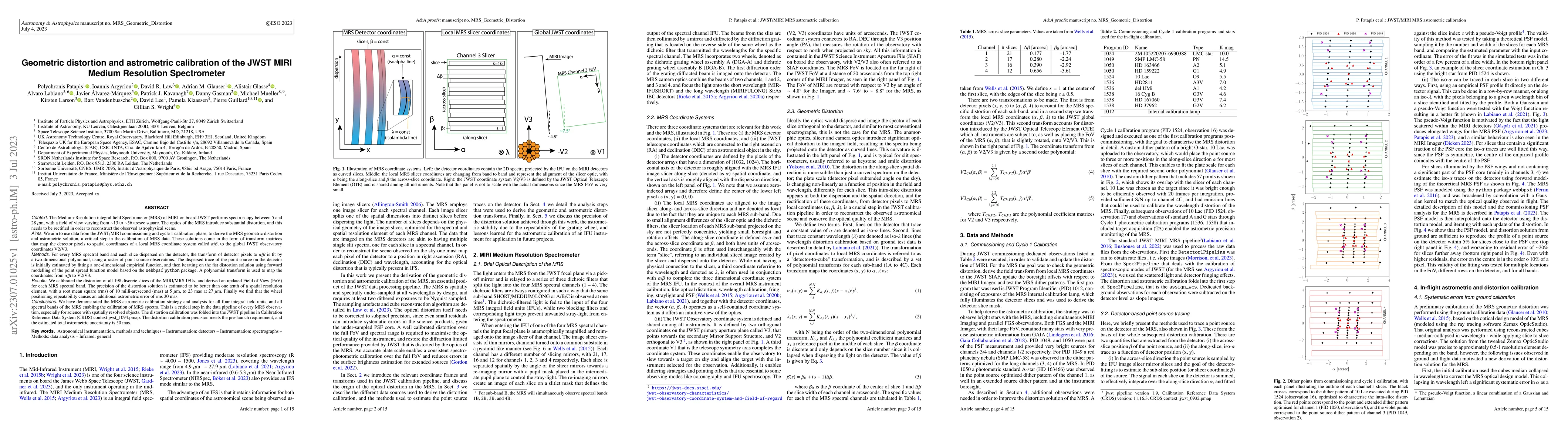 Thumbnail for Geometric distortion and astrometric calibration of the JWST MIRI Medium
  Resolution Spectrometer