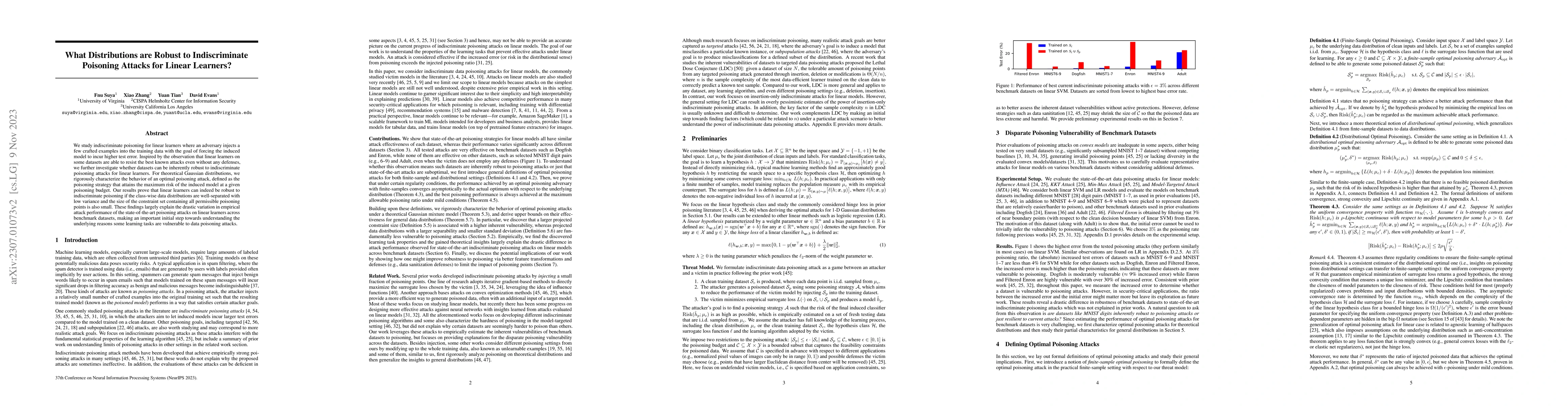 Thumbnail for What Distributions are Robust to Indiscriminate Poisoning Attacks for
  Linear Learners?