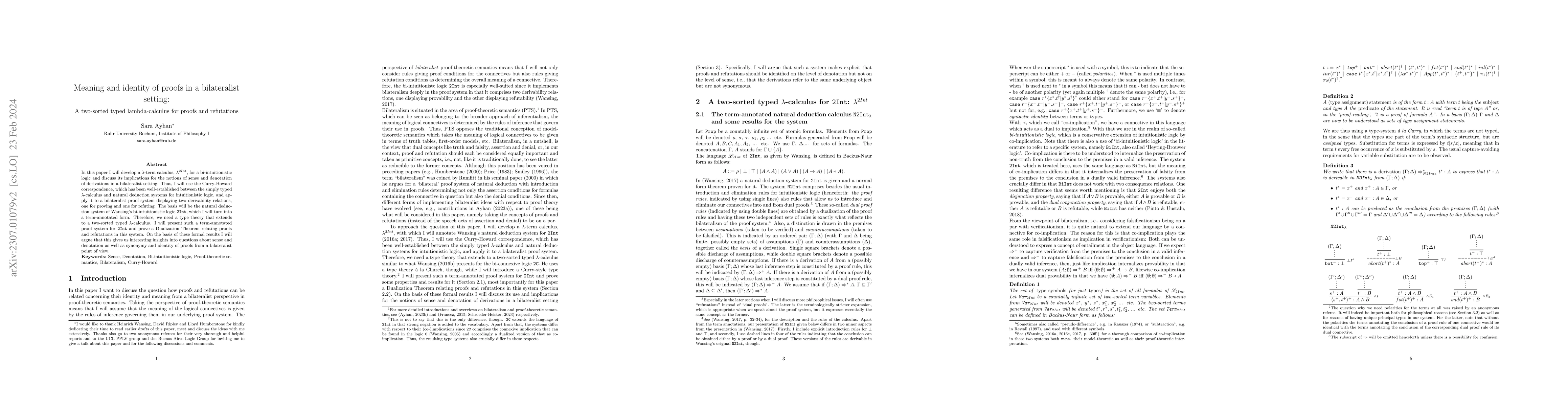 Thumbnail for Meaning and identity of proofs in a bilateralist setting: A two-sorted
  typed lambda-calculus for proofs and refutations