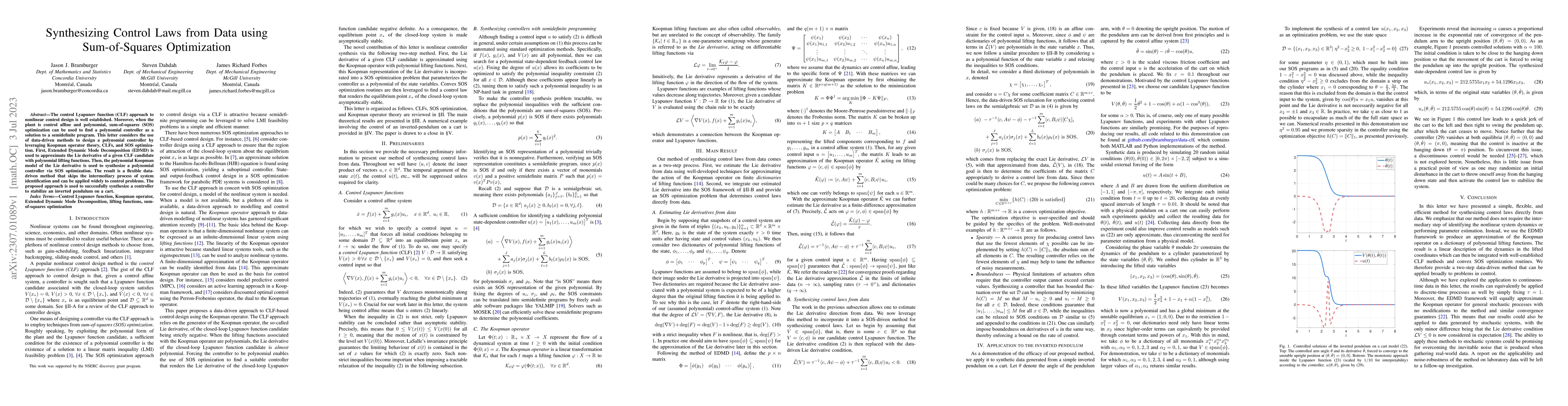 Thumbnail for Synthesizing Control Laws from Data using Sum-of-Squares Optimization