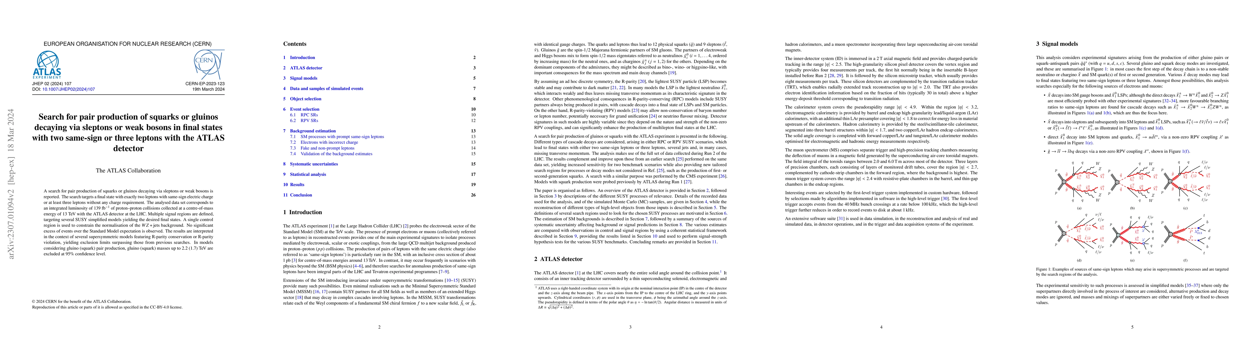 Thumbnail for Search for pair production of squarks or gluinos decaying via sleptons
  or weak bosons in final states with two same-sign or three leptons with the
  ATLAS detector