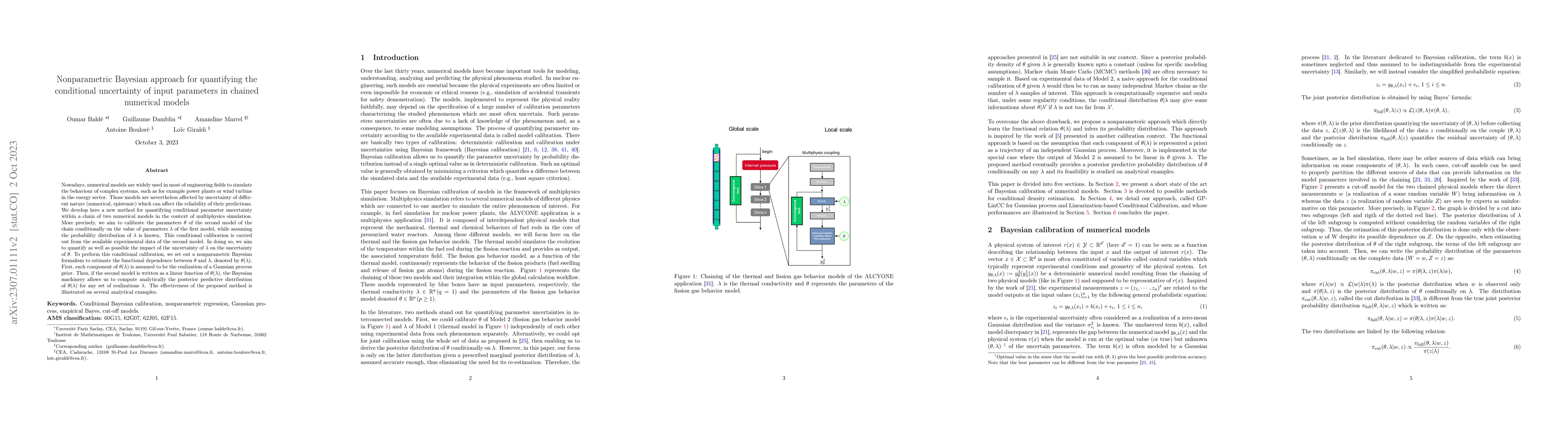 Thumbnail for Nonparametric Bayesian approach for quantifying the conditional
  uncertainty of input parameters in chained numerical models