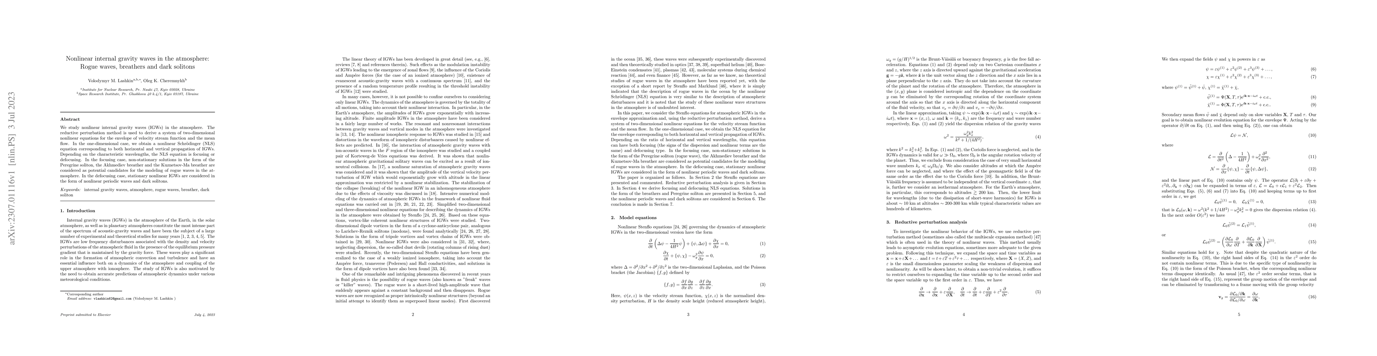 Thumbnail for Nonlinear internal gravity waves in the atmosphere: Rogue waves,
  breathers and dark solitons
