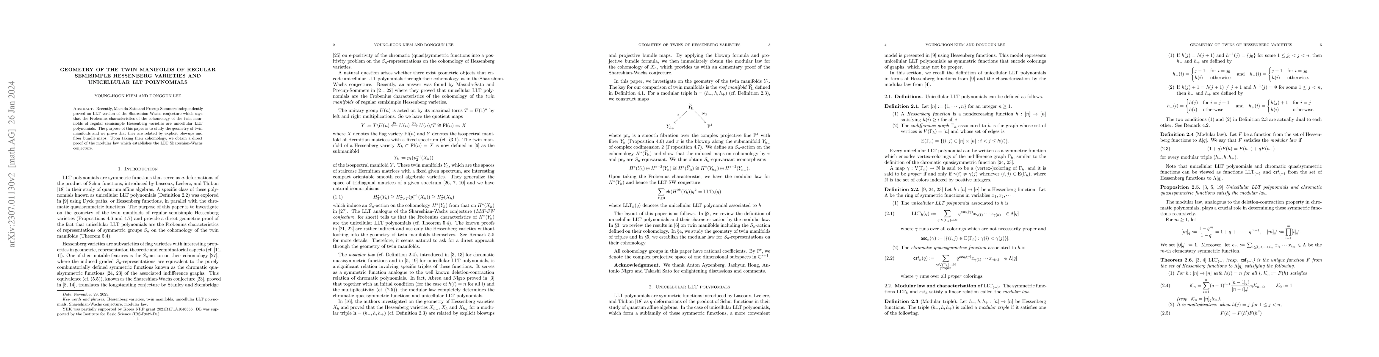 Thumbnail for Geometry of the twin manifolds of regular semisimple Hessenberg
  varieties and unicellular LLT polynomials