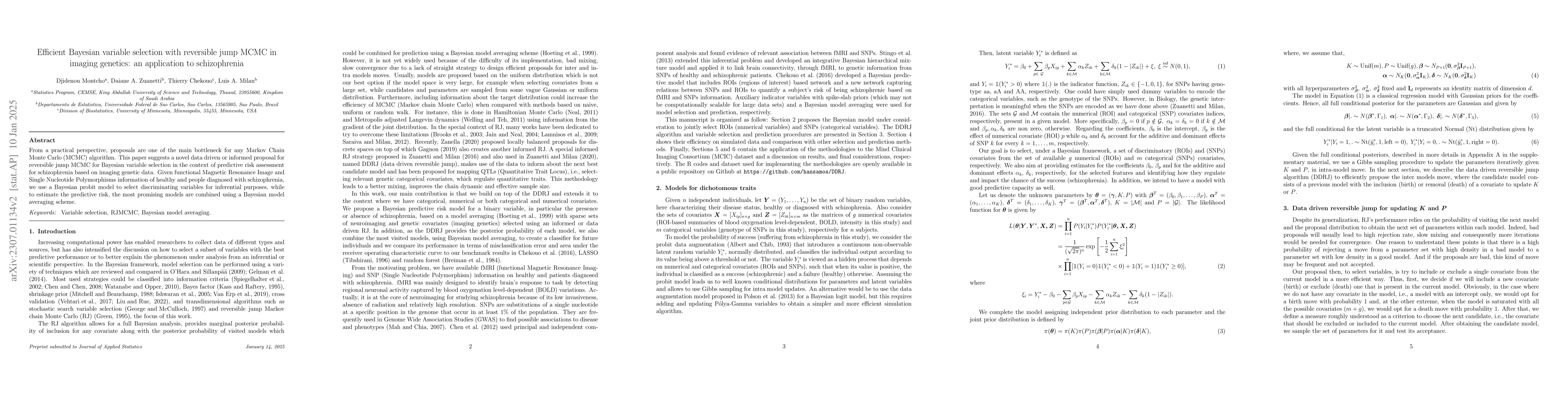 Thumbnail for Bayesian variable selection using an informed reversible jump in imaging
  genetics: an application to schizophrenia