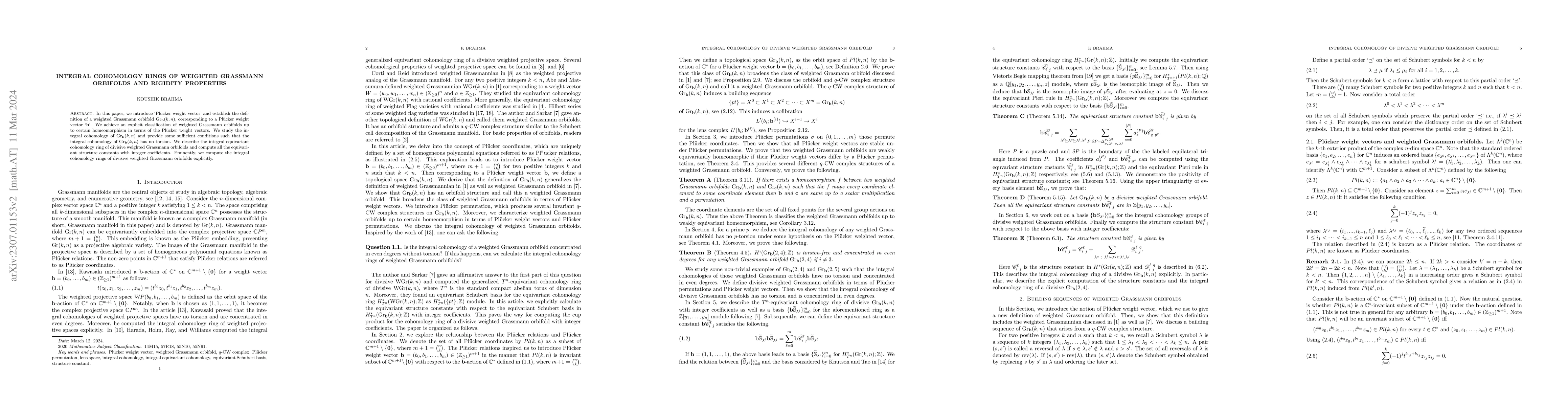 Thumbnail for Integral cohomology rings of weighted Grassmann orbifolds and rigidity
  properties