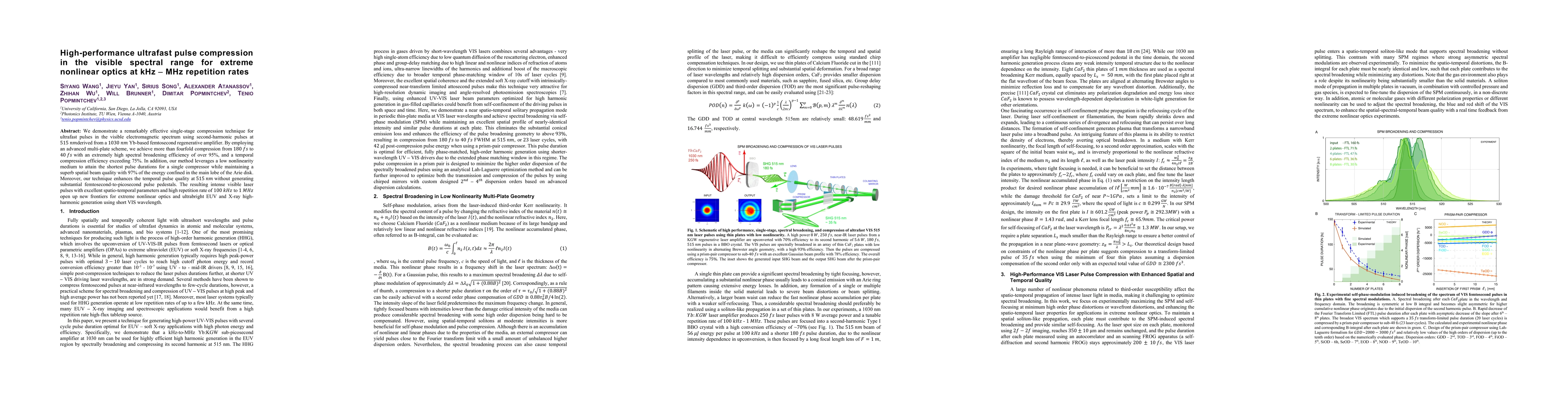 Thumbnail for High-performance ultrafast pulse compression in the visible spectral
  range for extreme nonlinear optics at kHz-MHz repetition rates