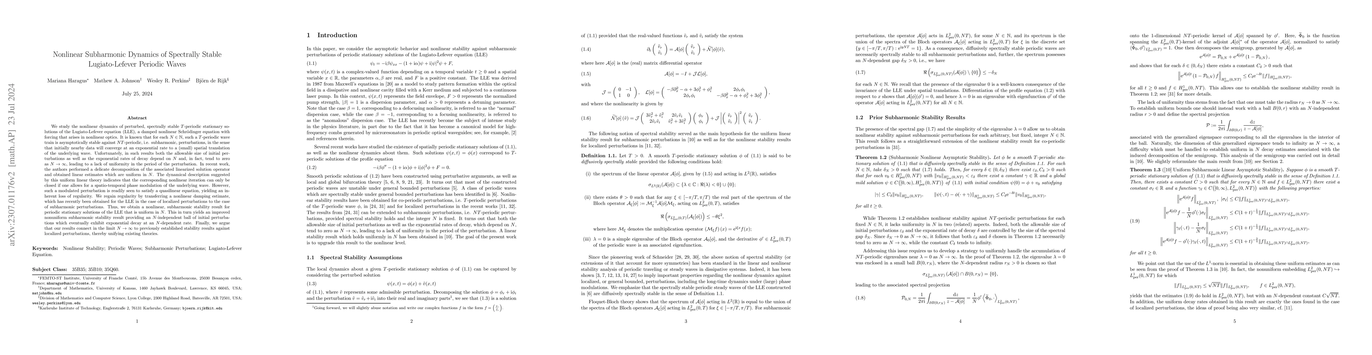 Thumbnail for Nonlinear Subharmonic Dynamics of Spectrally Stable Lugiato-Lefever
  Periodic Waves