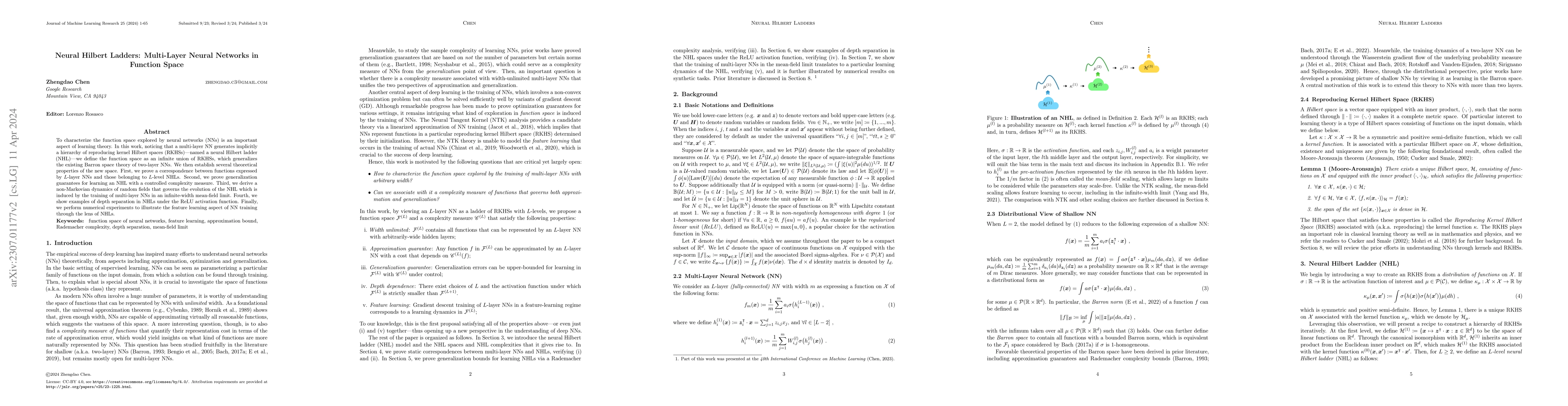 Thumbnail for Neural Hilbert Ladders: Multi-Layer Neural Networks in Function Space
