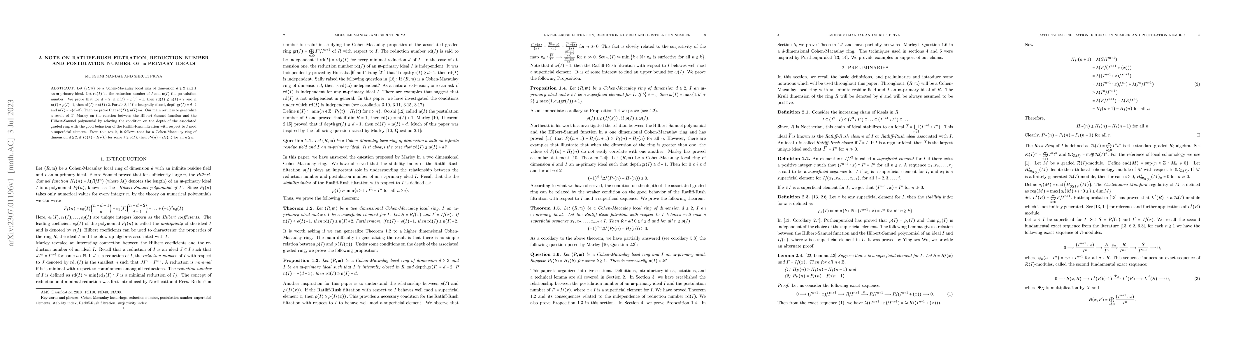 Thumbnail for A note on Ratliff-Rush filtration, reduction number and postulation
  number of $\mathfrak m$-primary ideals