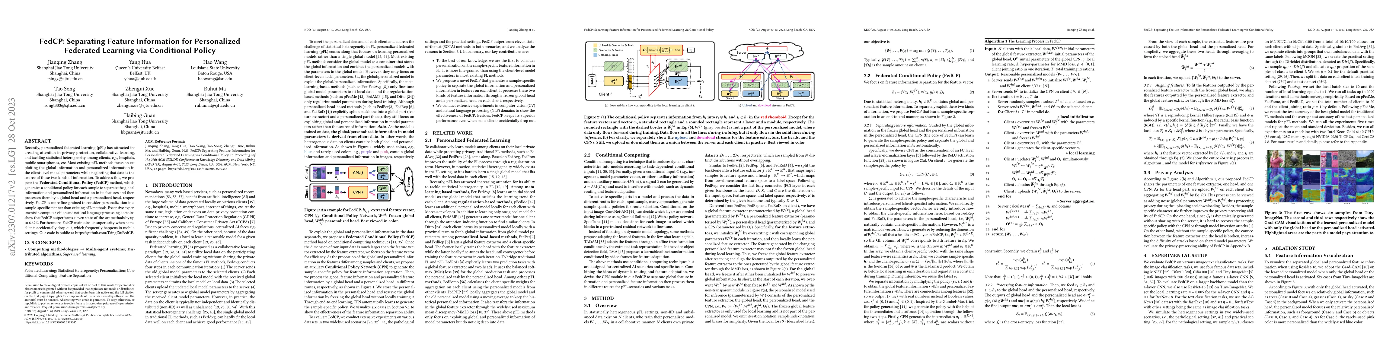 Thumbnail for FedCP: Separating Feature Information for Personalized Federated
  Learning via Conditional Policy
