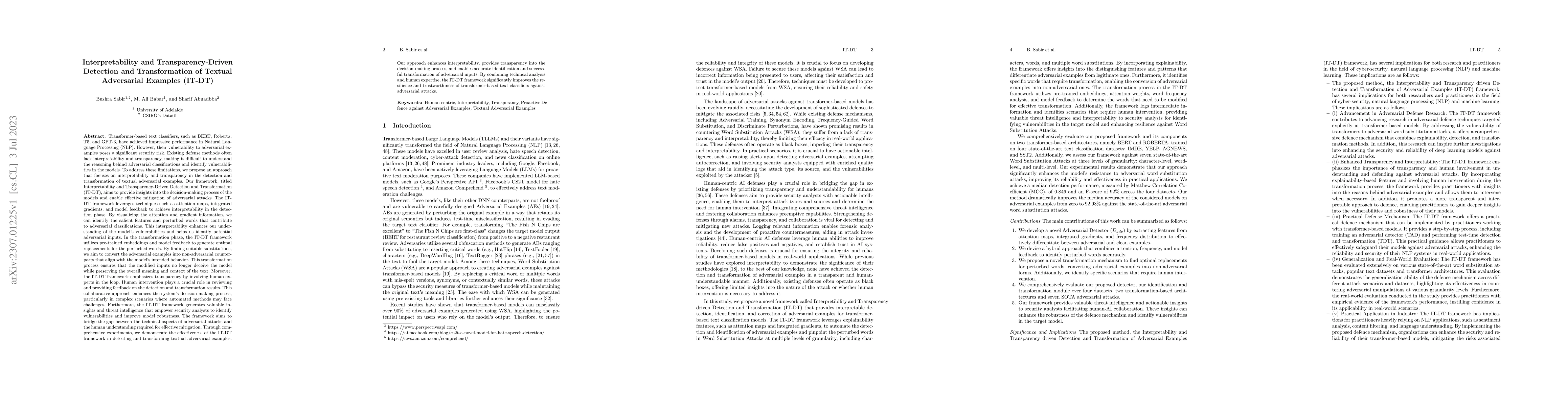 Thumbnail for Interpretability and Transparency-Driven Detection and Transformation of
  Textual Adversarial Examples (IT-DT)