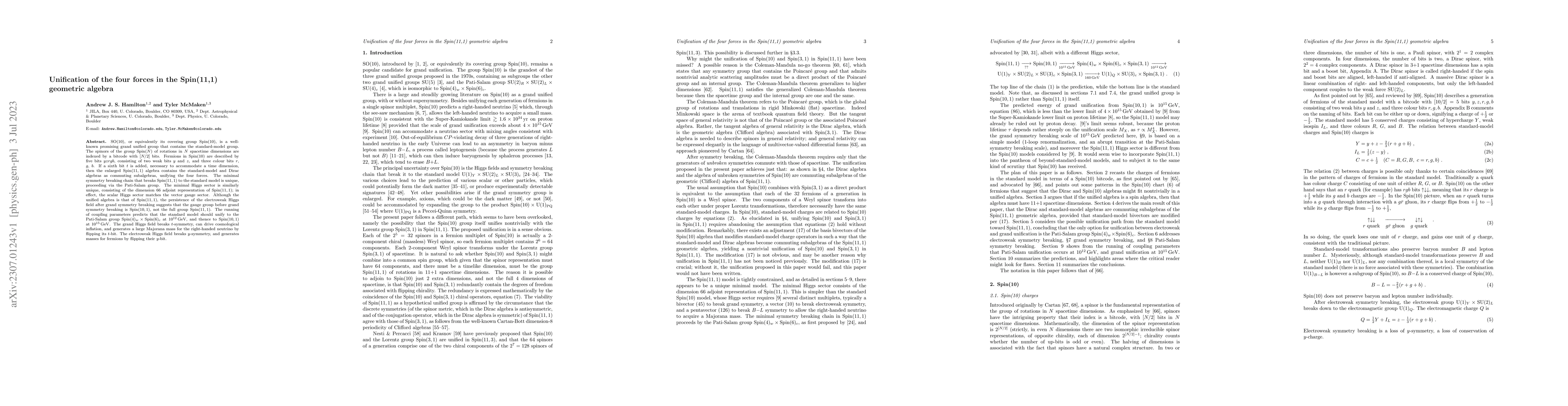 Thumbnail for Unification of the four forces in the Spin(11,1) geometric algebra