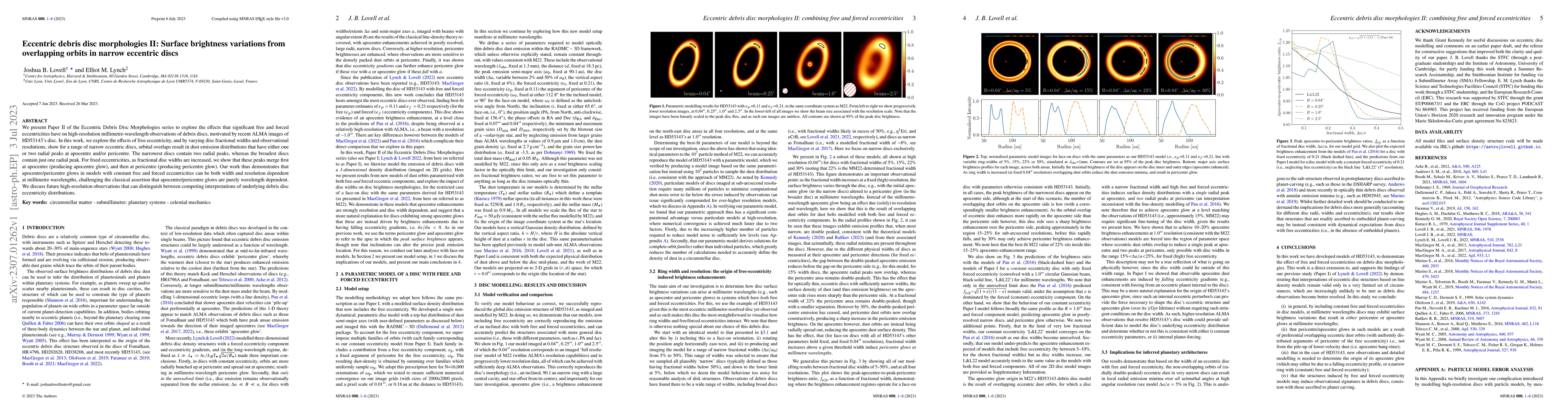 Thumbnail for Eccentric debris disc morphologies II: Surface brightness variations
  from overlapping orbits in narrow eccentric discs