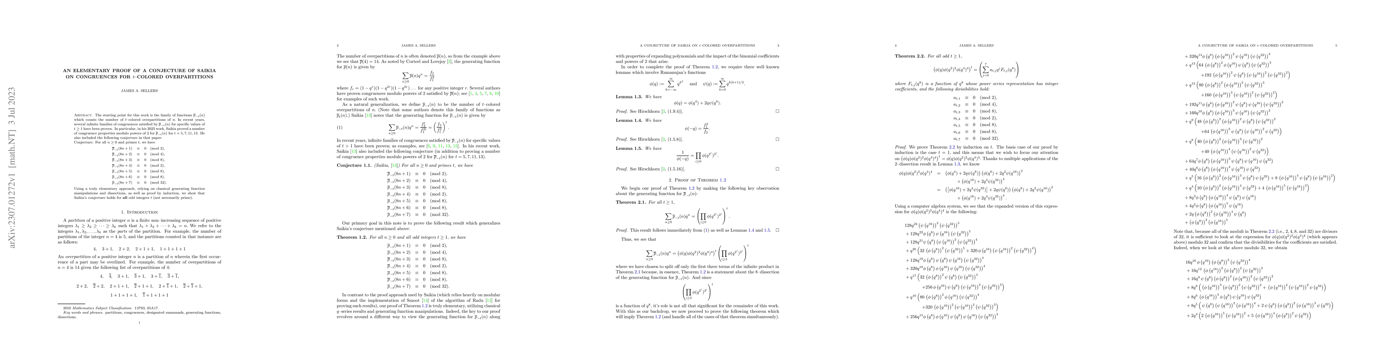 Thumbnail for An Elementary Proof of a Conjecture of Saikia on Congruences for
  $t$--Colored Overpartitions