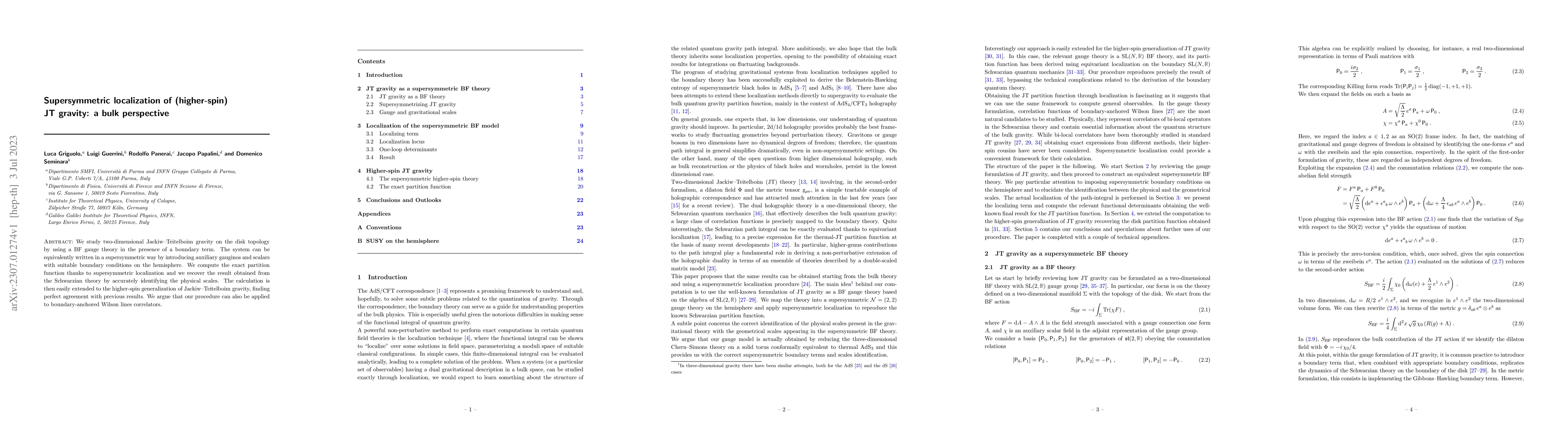 Thumbnail for Supersymmetric localization of (higher-spin) JT gravity: a bulk
  perspective