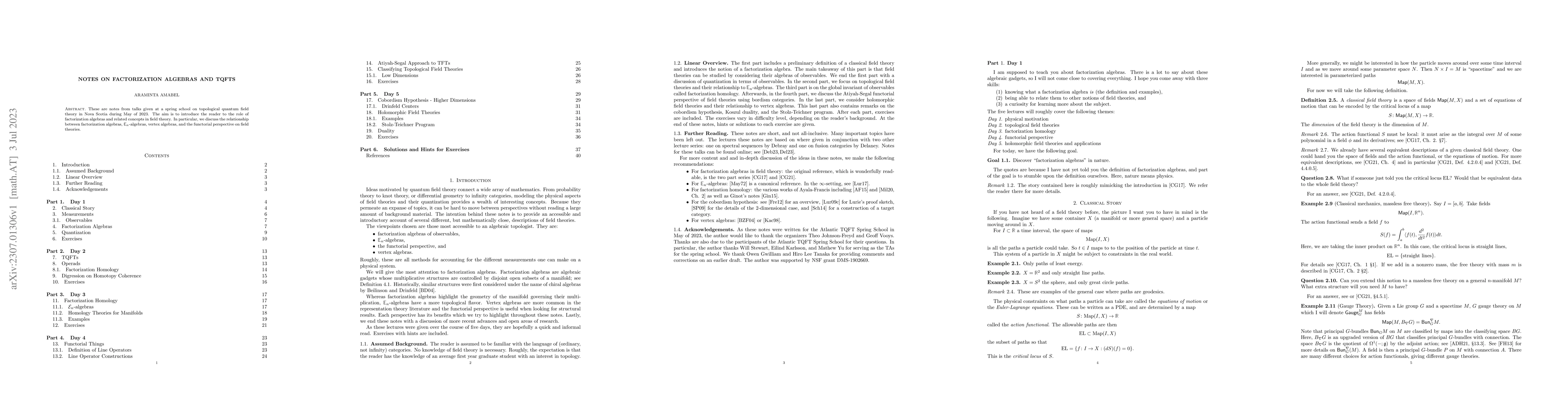 Thumbnail for Notes on Factorization Algebras and TQFTs