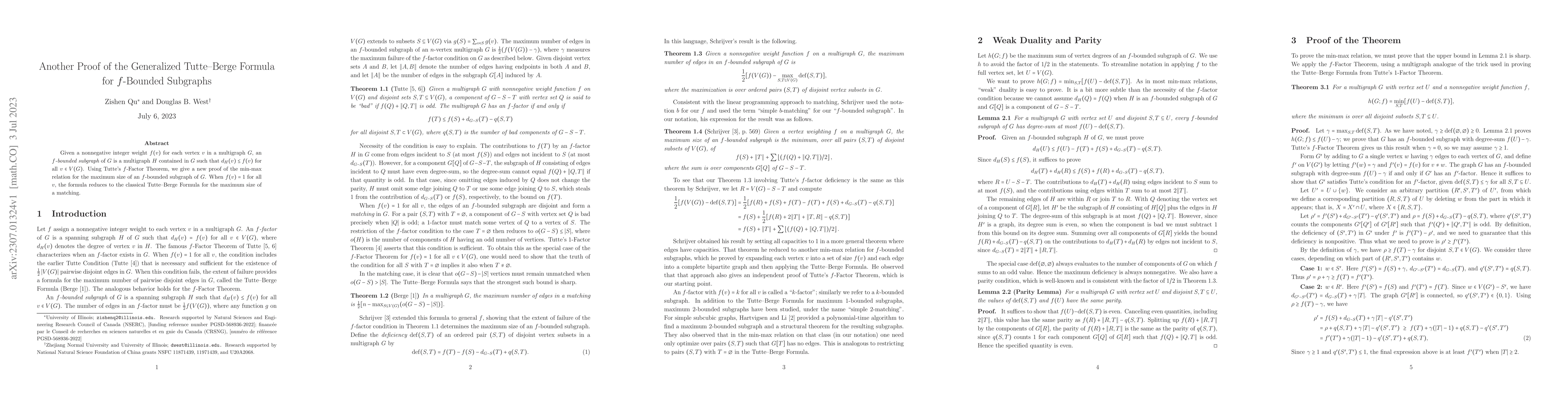 Thumbnail for Another Proof of the Generalized Tutte--Berge Formula for $f$-Bounded
  Subgraphs