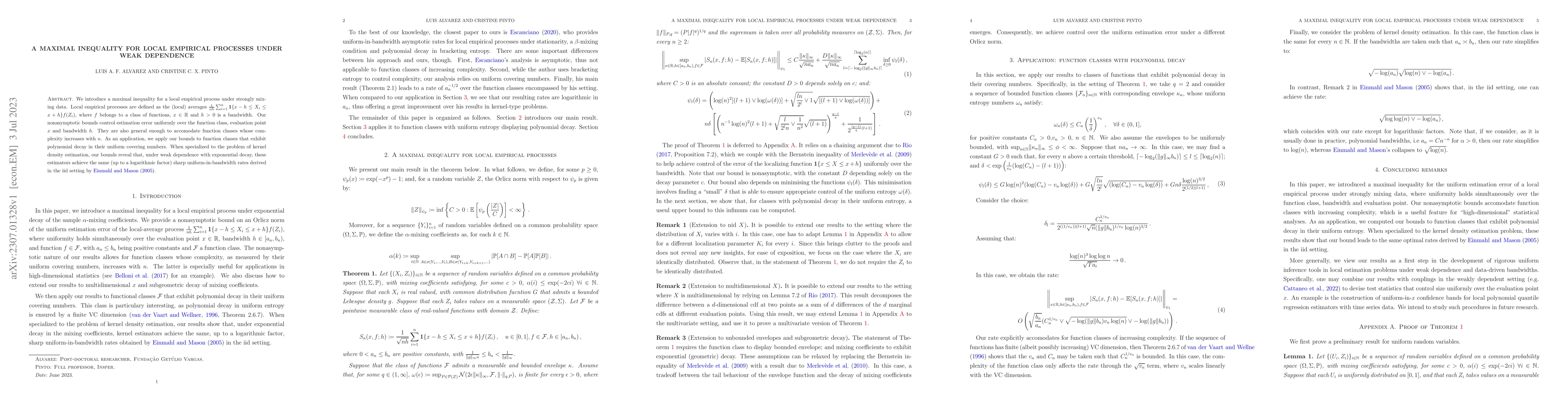 Thumbnail for A maximal inequality for local empirical processes under weak dependence