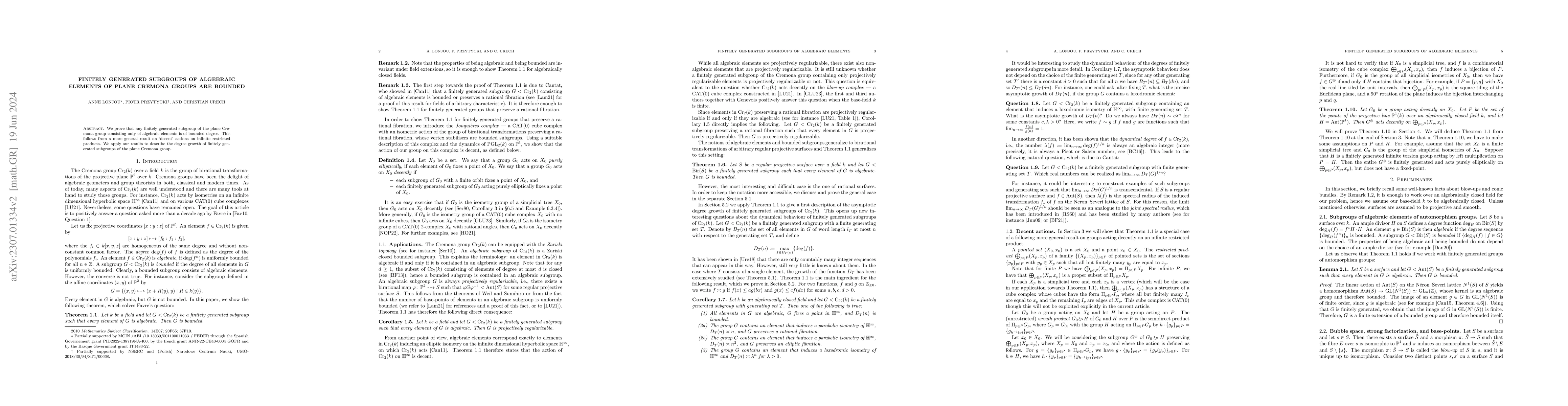 Thumbnail for Finitely generated subgroups of algebraic elements of plane Cremona
  groups are bounded