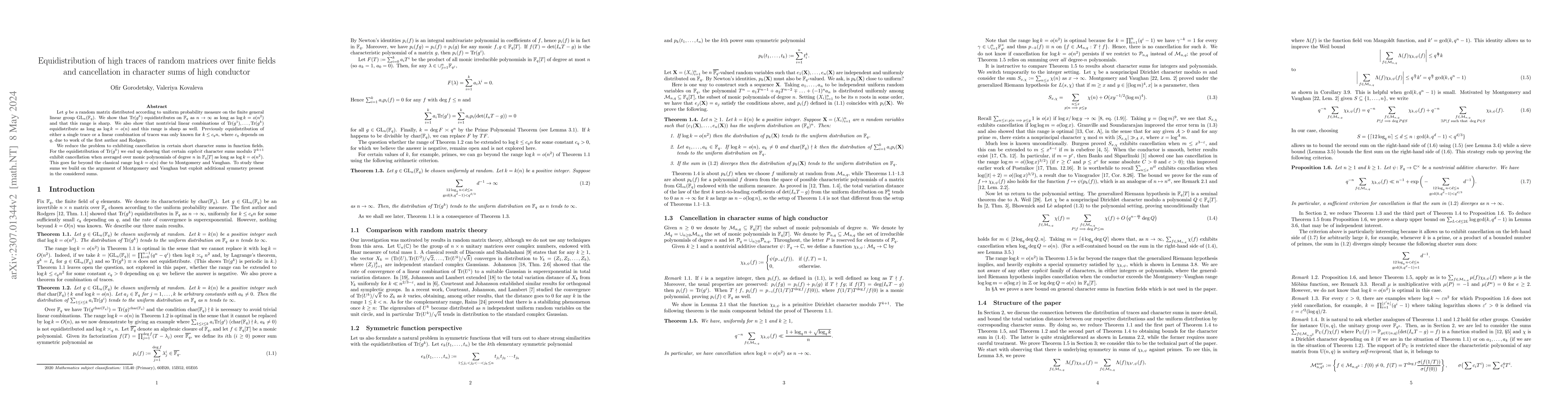 Thumbnail for Equidistribution of high traces of random matrices over finite fields
  and cancellation in character sums of high conductor