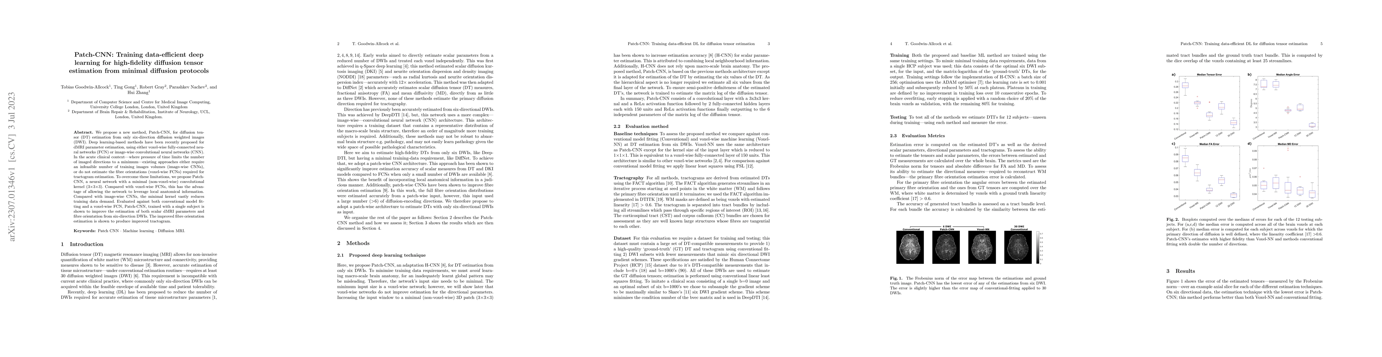 Thumbnail for Patch-CNN: Training data-efficient deep learning for high-fidelity
  diffusion tensor estimation from minimal diffusion protocols
