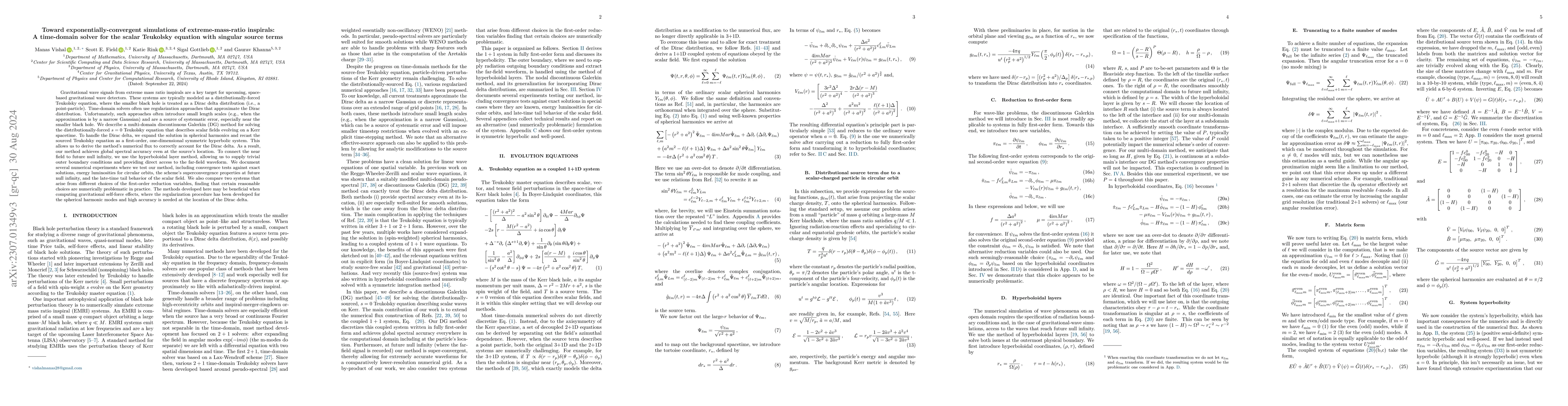 Thumbnail for Towards exponentially-convergent simulations of extreme-mass-ratio
  inspirals: A time-domain solver for the scalar Teukolsky equation with
  singular source terms