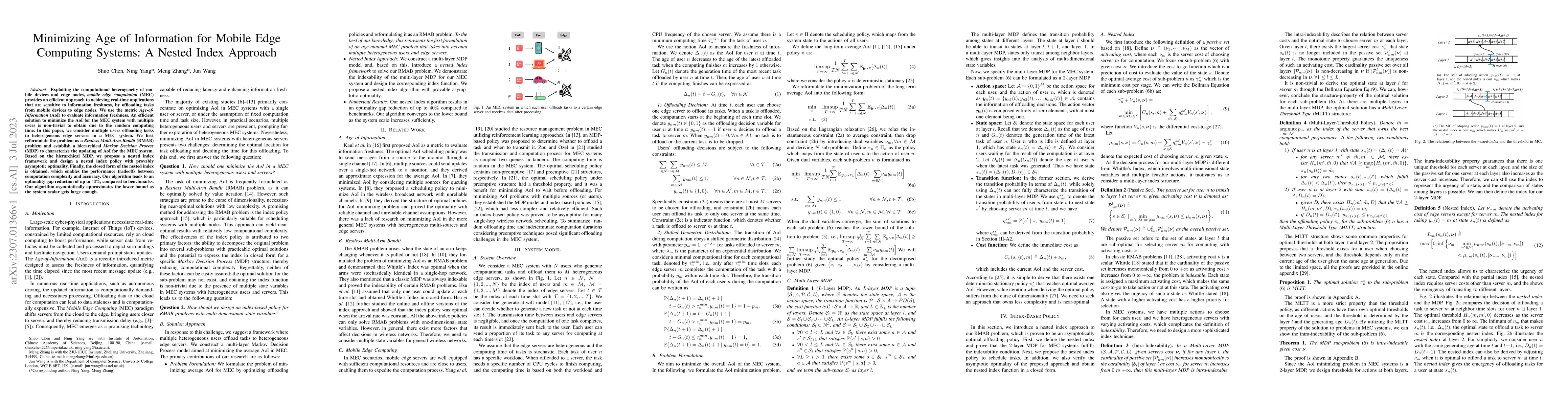 Thumbnail for Minimizing Age of Information for Mobile Edge Computing Systems: A
  Nested Index Approach