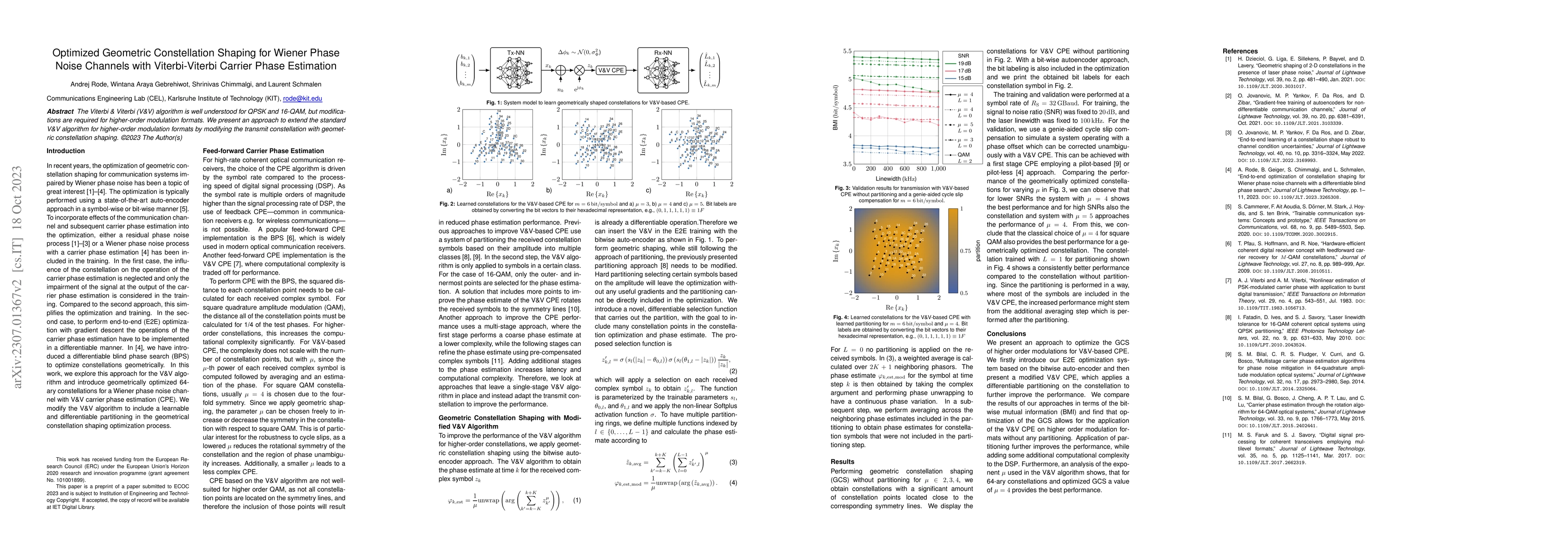 Thumbnail for Optimized Geometric Constellation Shaping for Wiener Phase Noise
  Channels with Viterbi-Viterbi Carrier Phase Estimation