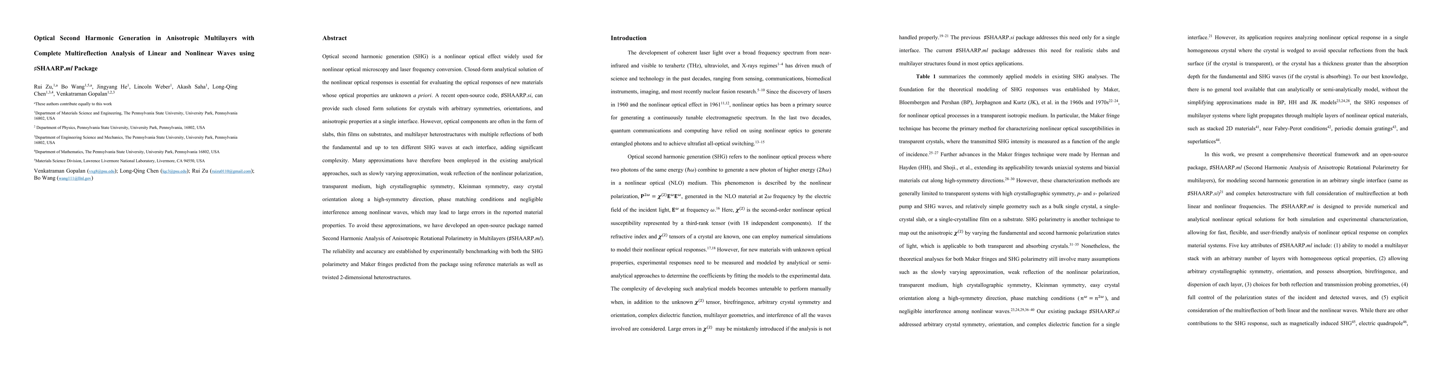 Thumbnail for Optical Second Harmonic Generation in Anisotropic Multilayers with
  Complete Multireflection of Linear and Nonlinear Waves using #SHAARP.ml
  Package
