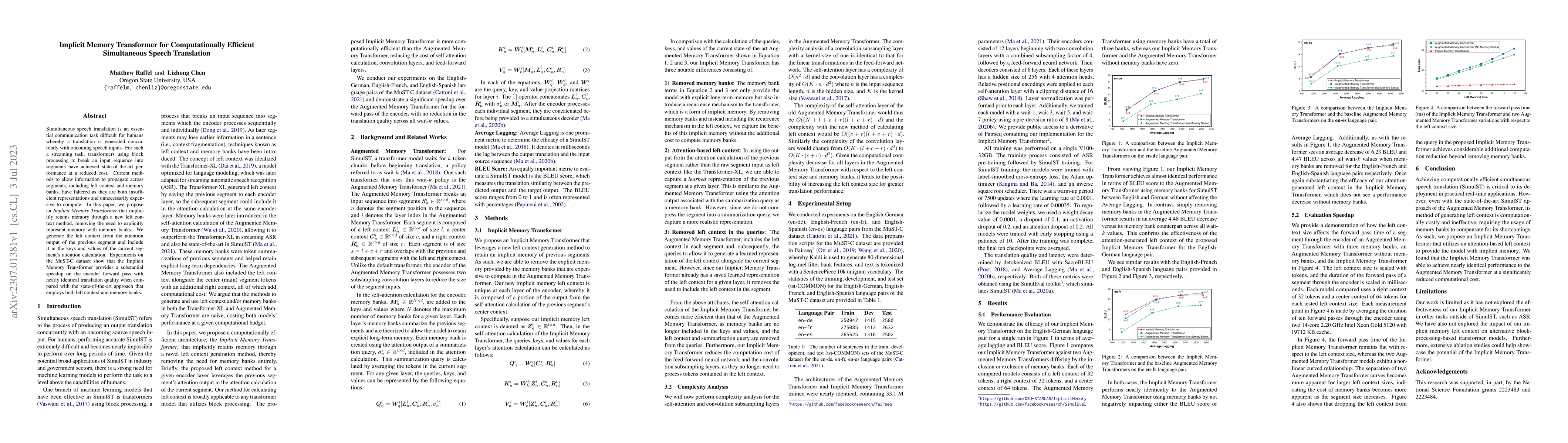 Thumbnail for Implicit Memory Transformer for Computationally Efficient Simultaneous
  Speech Translation