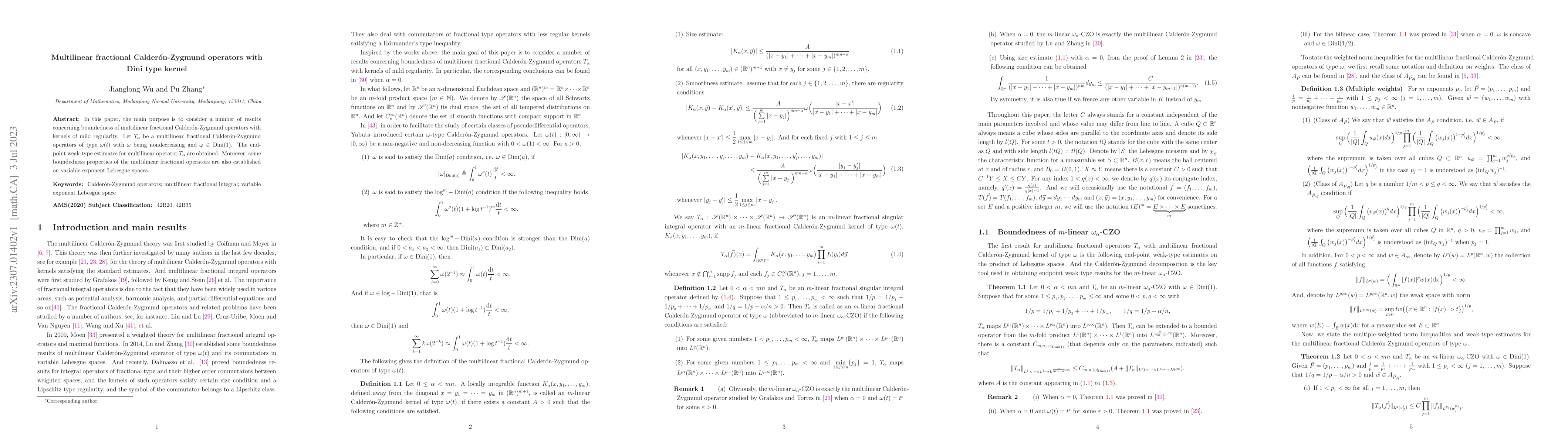 Thumbnail for Multilinear fractional Calder\'{o}n-Zygmund operators with Dini type
  kernel