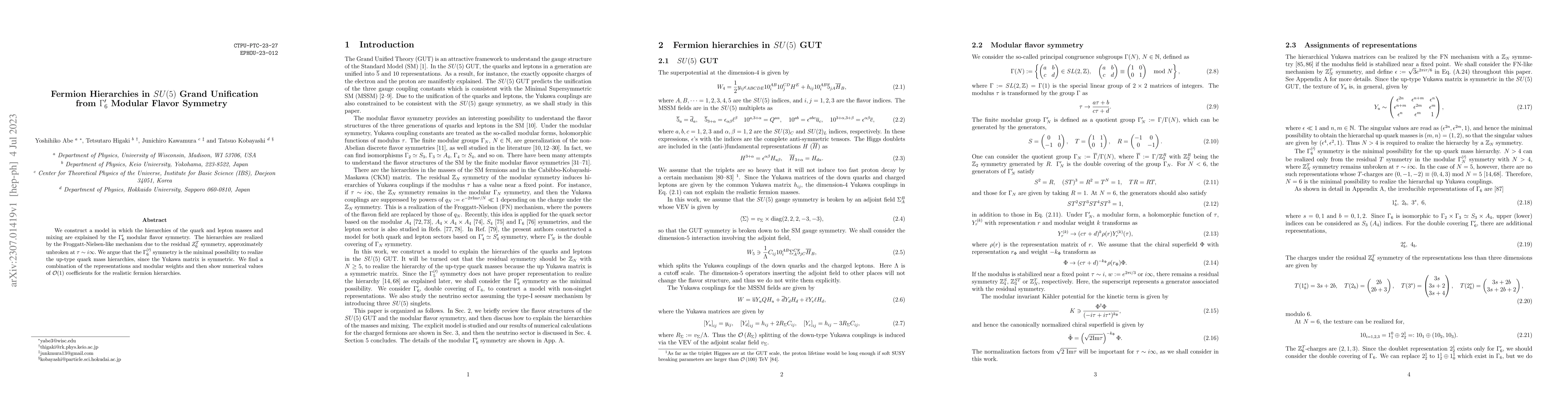 Thumbnail for Fermion Hierarchies in $SU(5)$ Grand Unification from $\Gamma_6^\prime$
  Modular Flavor Symmetry