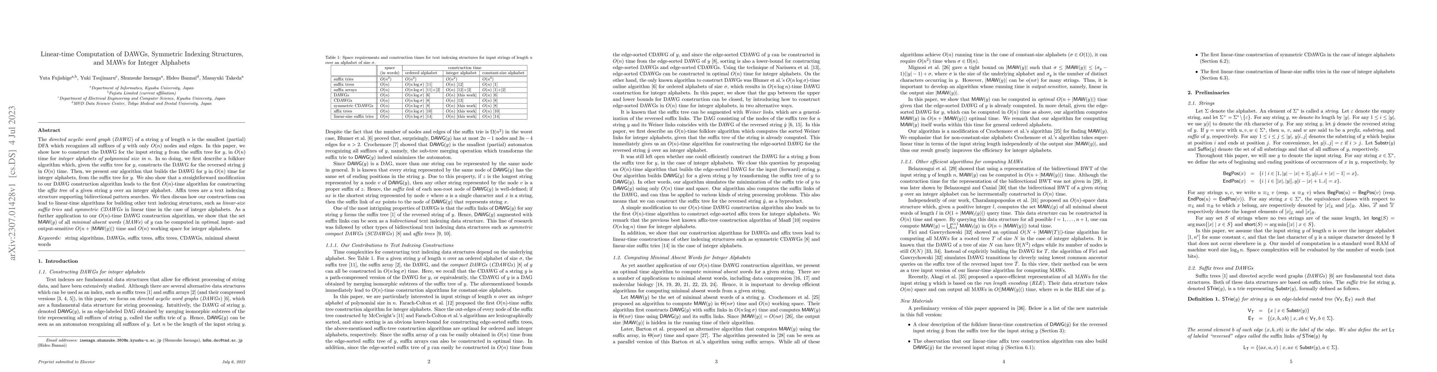 Thumbnail for Linear-time Computation of DAWGs, Symmetric Indexing Structures, and
  MAWs for Integer Alphabets