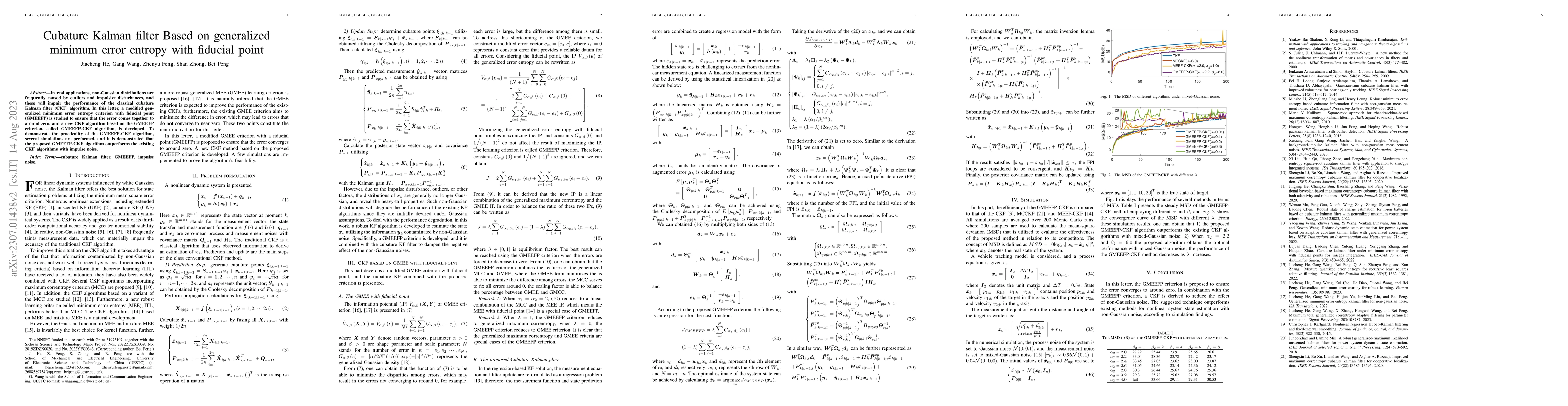 Thumbnail for Cubature Kalman filter Based on generalized minimum error entropy with
  fiducial point