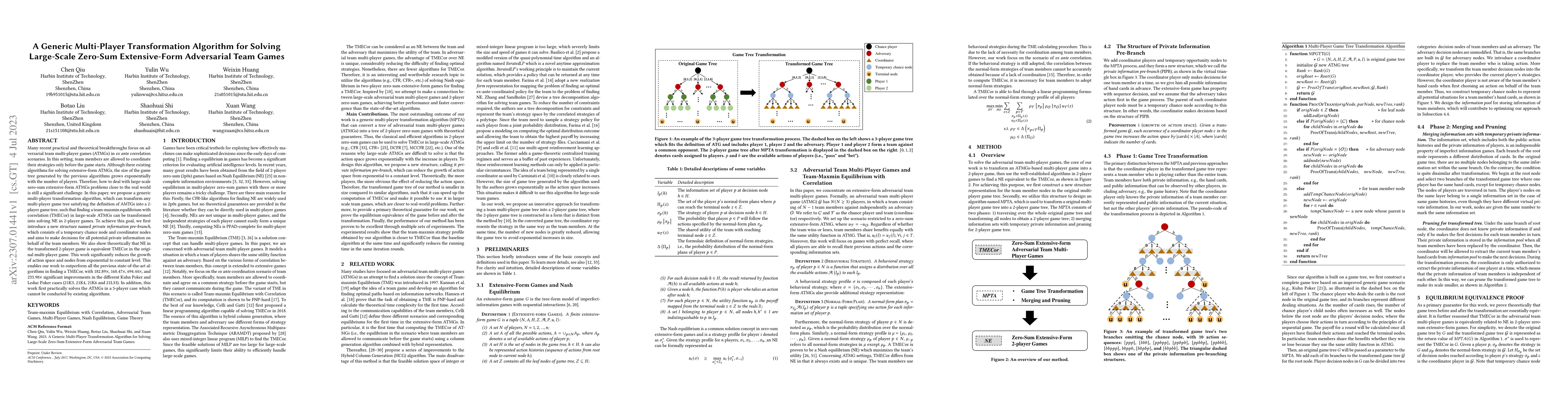 Thumbnail for A Generic Multi-Player Transformation Algorithm for Solving Large-Scale
  Zero-Sum Extensive-Form Adversarial Team Games