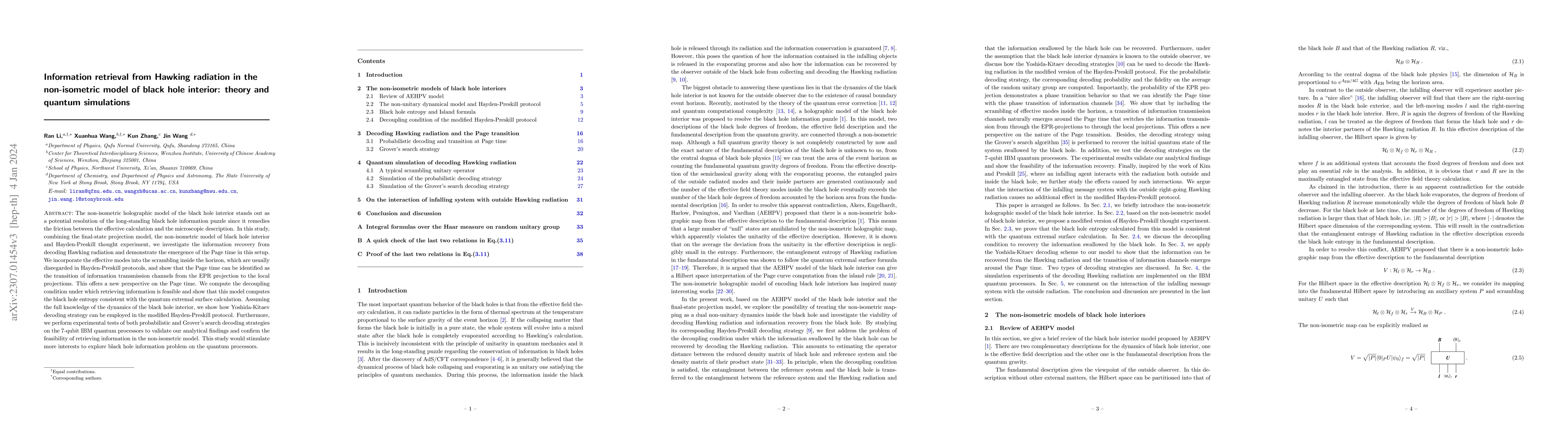 Thumbnail for Information retrieval from Hawking radiation in the non-isometric model
  of black hole interior: theory and quantum simulations