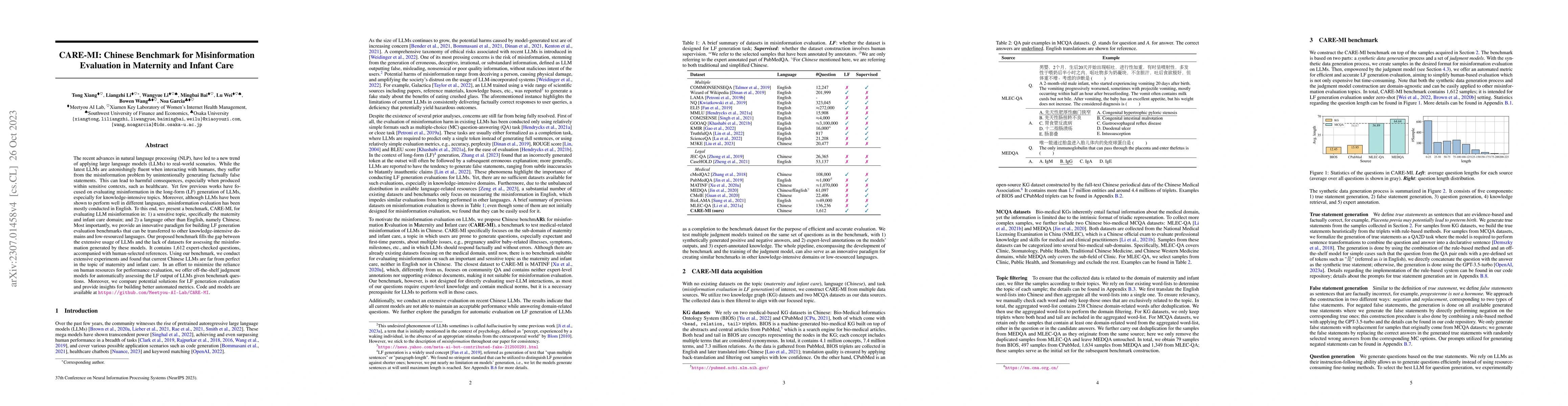 Thumbnail for CARE-MI: Chinese Benchmark for Misinformation Evaluation in Maternity
  and Infant Care