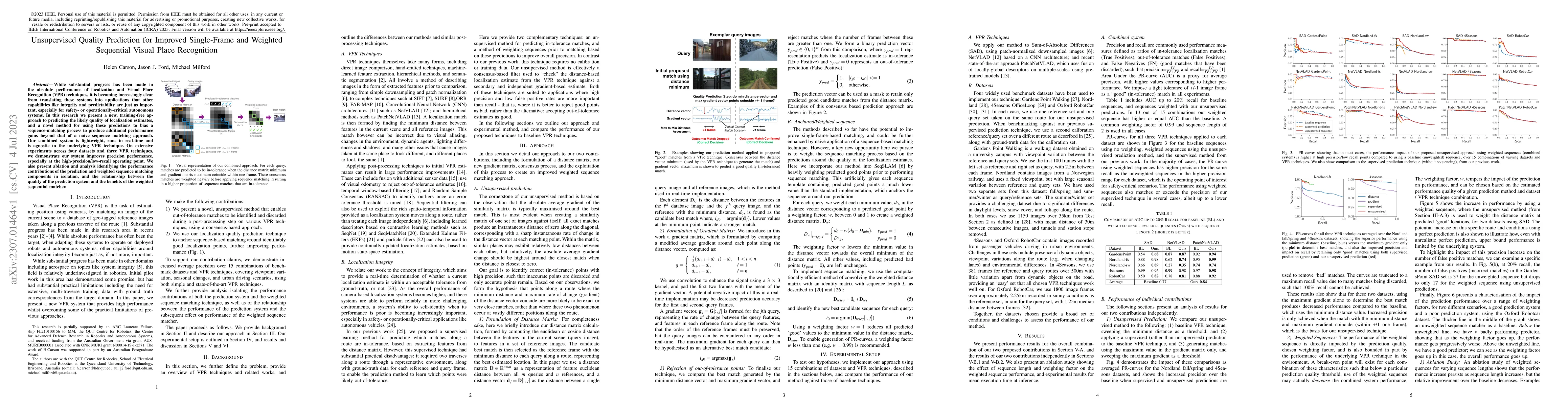 Thumbnail for Unsupervised Quality Prediction for Improved Single-Frame and Weighted
  Sequential Visual Place Recognition