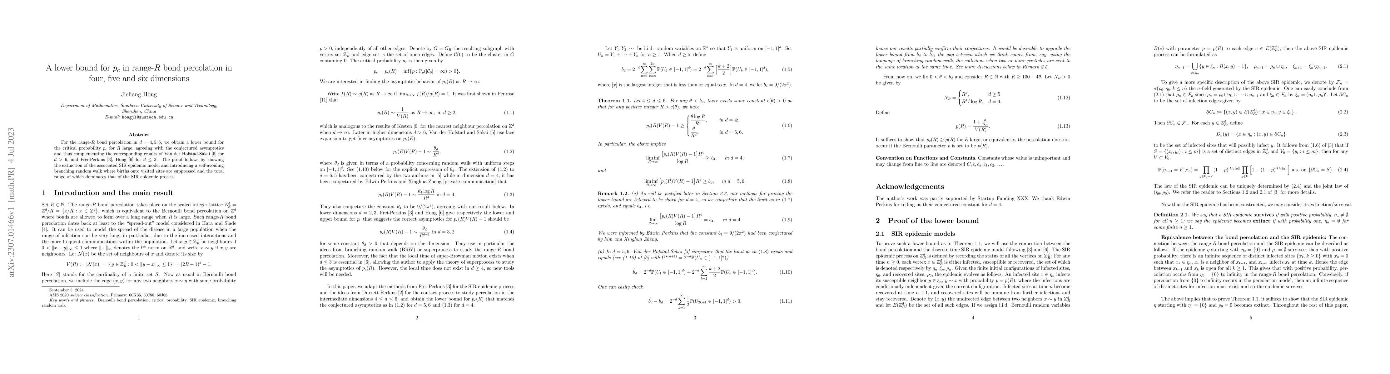 Thumbnail for A lower bound for p_c in range-R bond percolation in four, five and six
  dimensions
