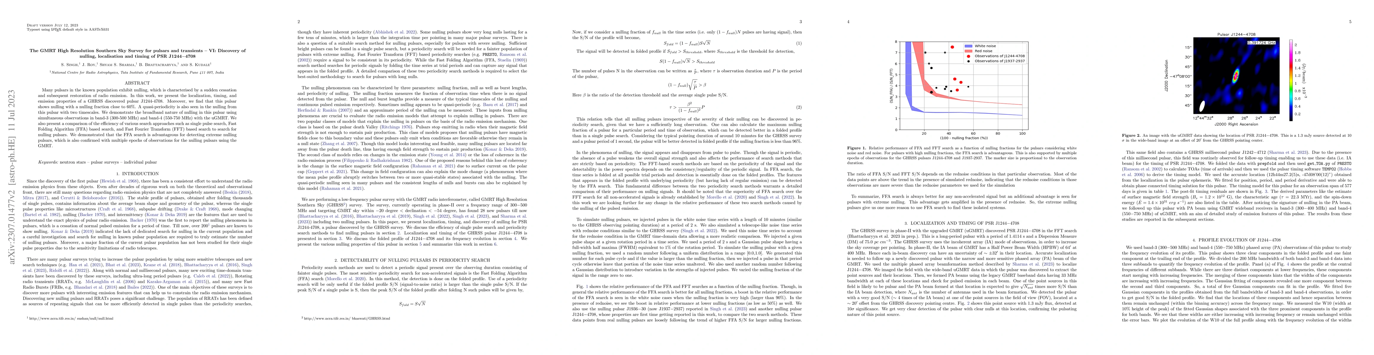 Thumbnail for The GMRT High Resolution Southern Sky Survey for pulsars and transients
  -- VI: Discovery of nulling, localisation and timing of PSR J1244-4708