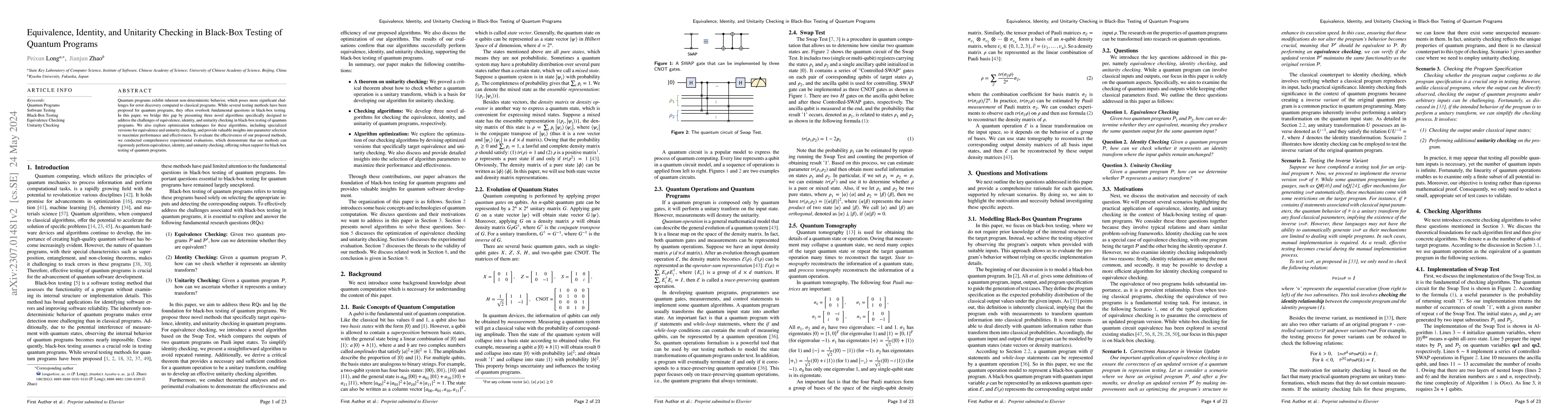 Thumbnail for Equivalence, Identity, and Unitarity Checking in Black-Box Testing of
  Quantum Programs