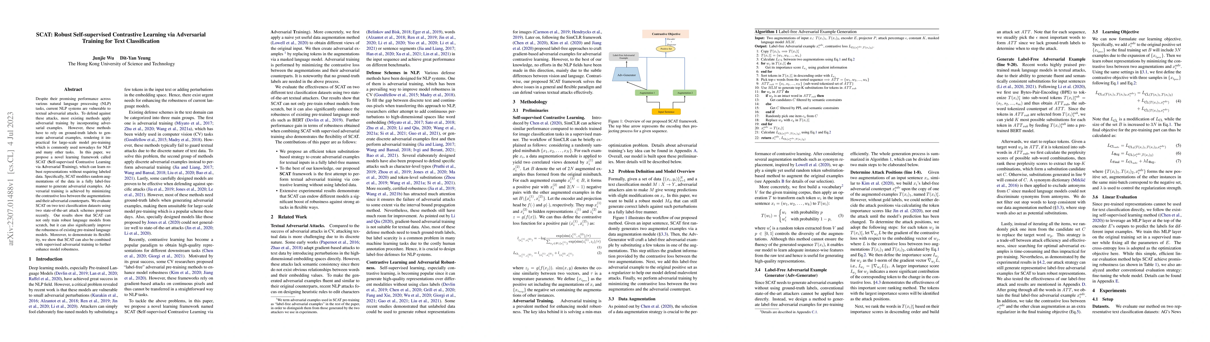 Thumbnail for SCAT: Robust Self-supervised Contrastive Learning via Adversarial
  Training for Text Classification