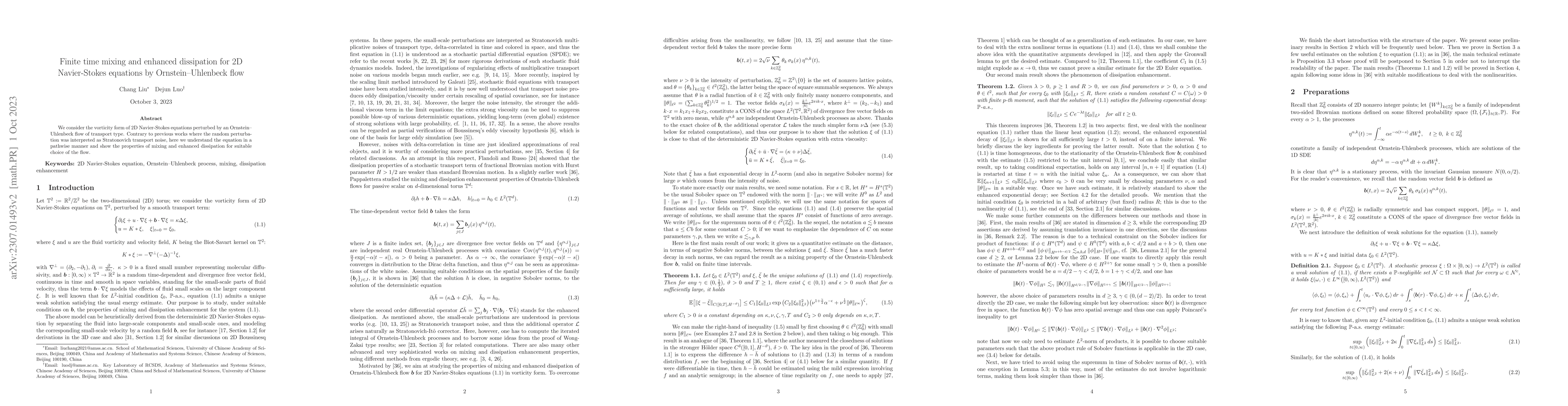 Thumbnail for Finite time mixing and enhanced dissipation for 2D Navier--Stokes
  equations by Ornstein--Uhlenbeck flow