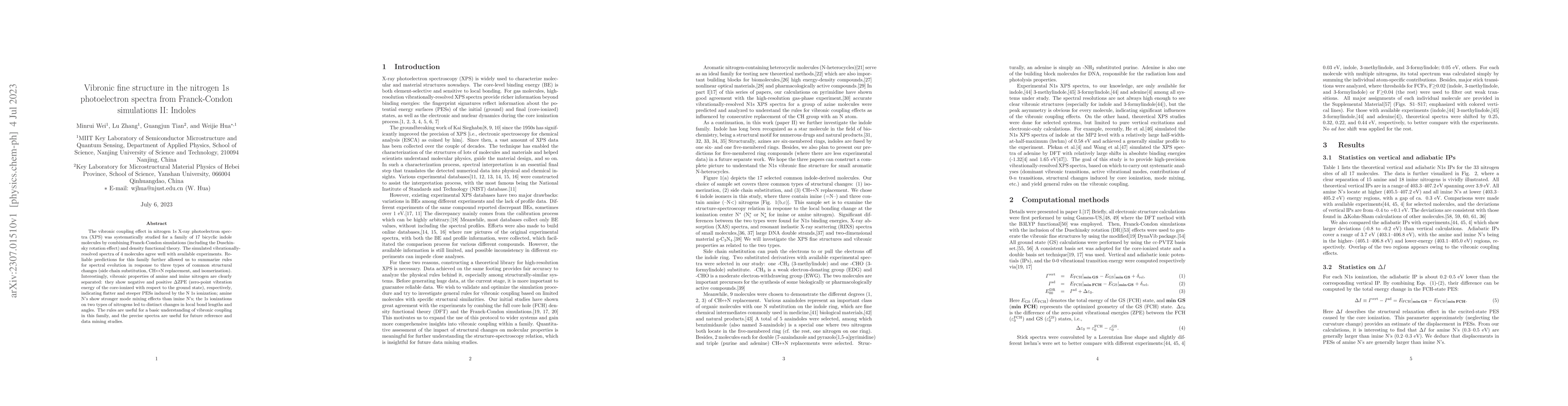 Thumbnail for Vibronic fine structure in the nitrogen 1s photoelectron spectra from
  Franck-Condon simulations II: Indoles